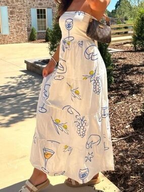 These Three Boutique Italian White dress with blue grapes, wines, cheese